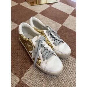 Sarabasic Collection Women Gold Glitter Star Low Top Sneakers White Size 40